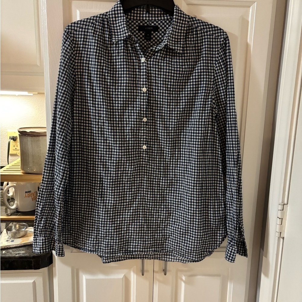 J Crew Women's Navy and White Checkered Shirt - Picture 1 of 3